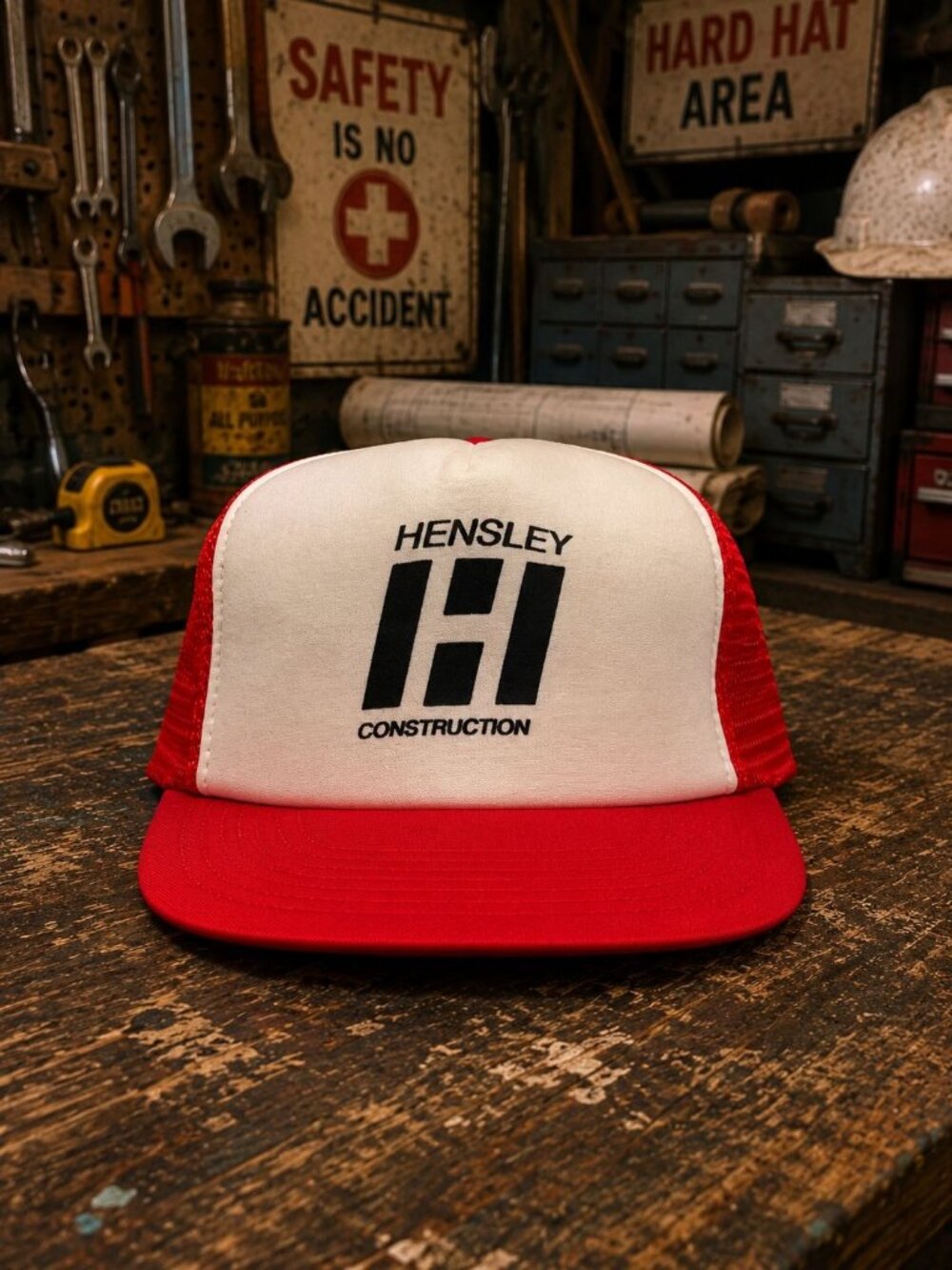 Hensley Construction Mens Trucker Hat Red & White Snapback Mesh Baseball Cap